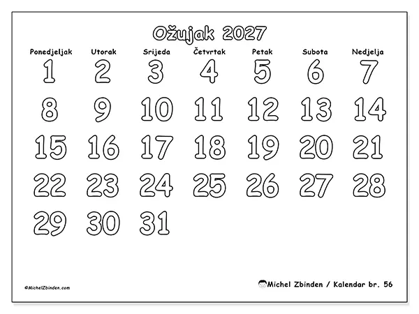 Kalendar ožujak 2027 za ispis - Korisno bojanje