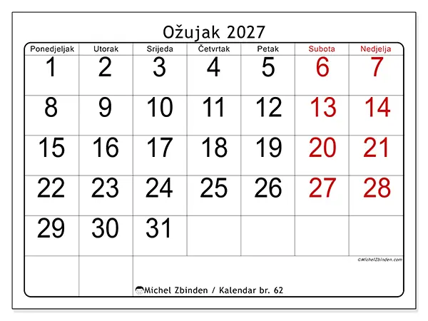 Kalendar ožujak 2027 za ispis - Brzi pregled