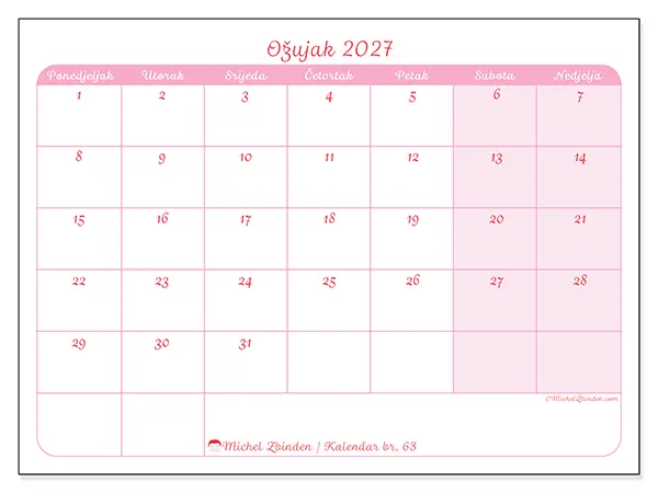 Kalendar ožujak 2027 za ispis - Smiren izgled