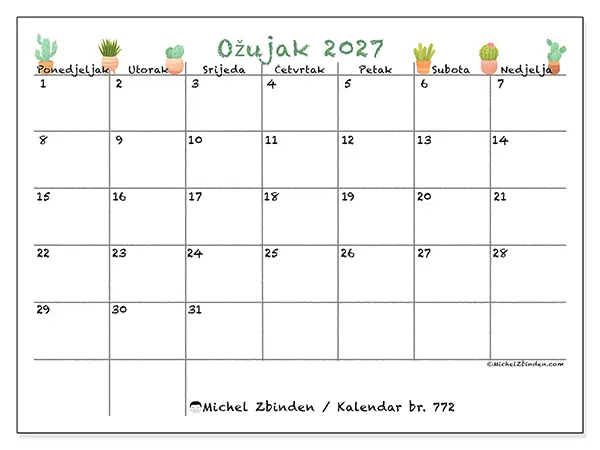 Kalendar ožujak 2027 za ispis - Dekorativni kaktusi