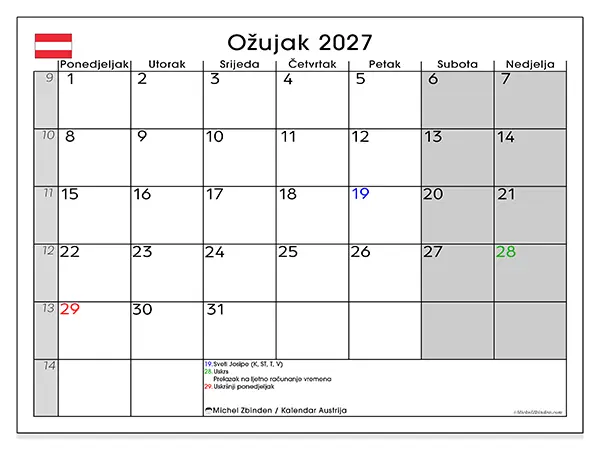 Kalendar ožujak 2027 za ispis - Austrija