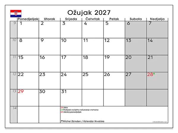 Kalendar ožujak 2027 za ispis - Hrvatska