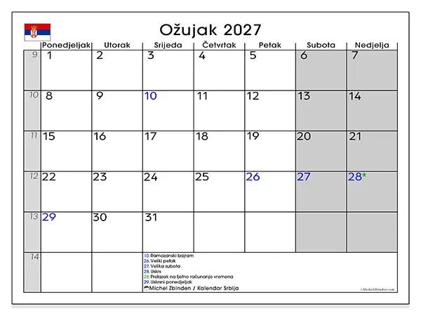 Kalendar ožujak 2027 za ispis - Srbija