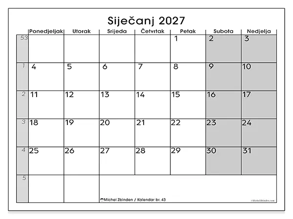 Kalendar siječanj 2027 za ispis - Jasan pregled