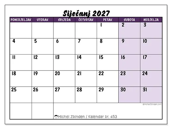 Kalendar siječanj 2027 za ispis - Šareni zadaci