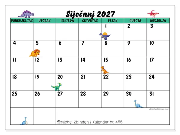 Kalendar siječanj 2027 za ispis - Mali dinosauri