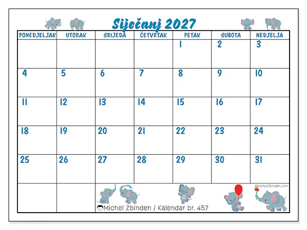 Kalendar siječanj 2027 za ispis - Mali slonovi