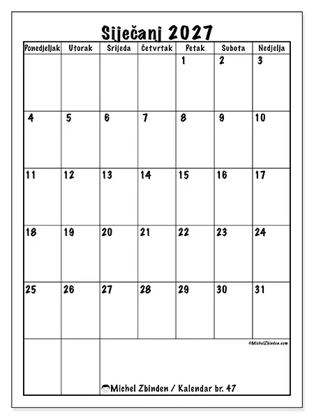 Kalendar siječanj 2027 za ispis - Jasno planiranje