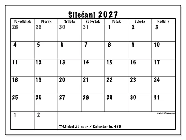 Kalendar siječanj 2027 za ispis - Potpuno planiranje
