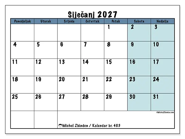 Kalendar siječanj 2027 za ispis - Struktura za školu