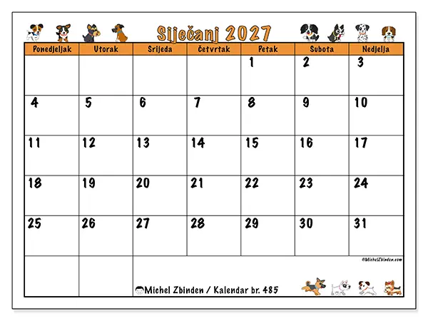 Kalendar siječanj 2027 za ispis - Entuzijastični psi