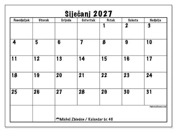 Kalendar siječanj 2027 za ispis - Dnevni planovi