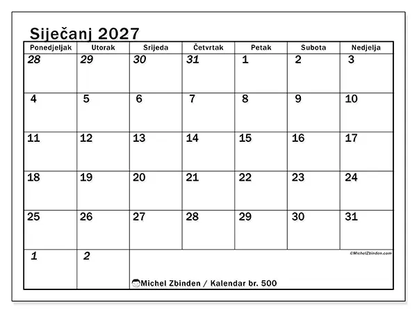 Kalendar siječanj 2027 za ispis - Intenzivno planiranje