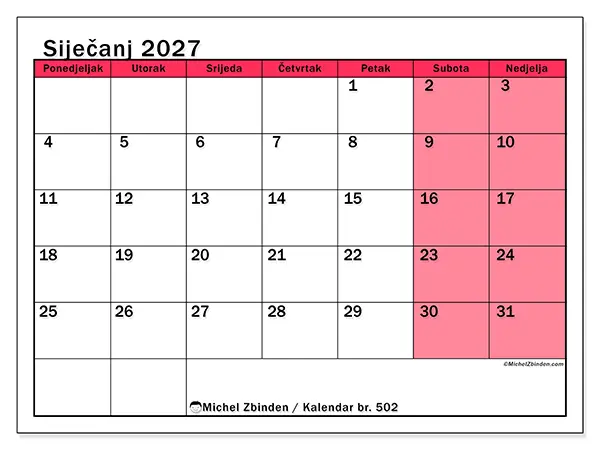 Kalendar siječanj 2027 za ispis - Svijetao izgled