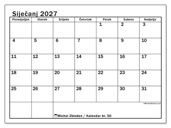 Kalendar siječanj 2027 za ispis - Jasan mjesec