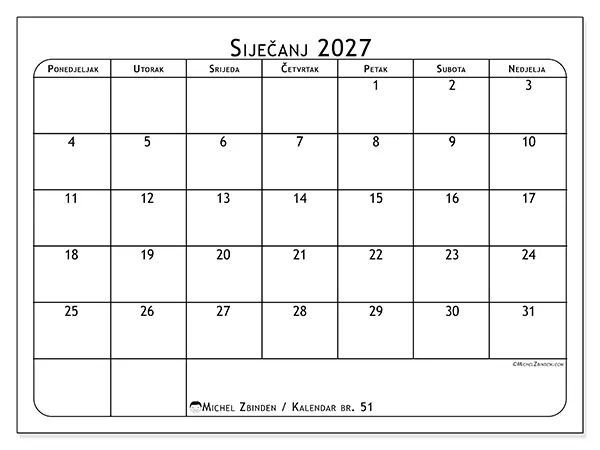 Kalendar siječanj 2027 za ispis - Planer obroka