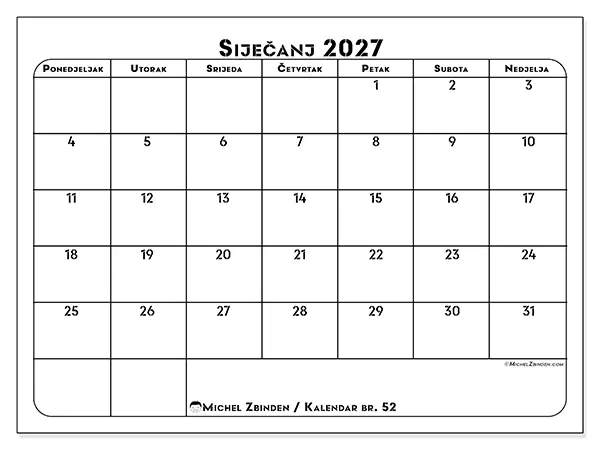 Kalendar siječanj 2027 za ispis - Plan rada