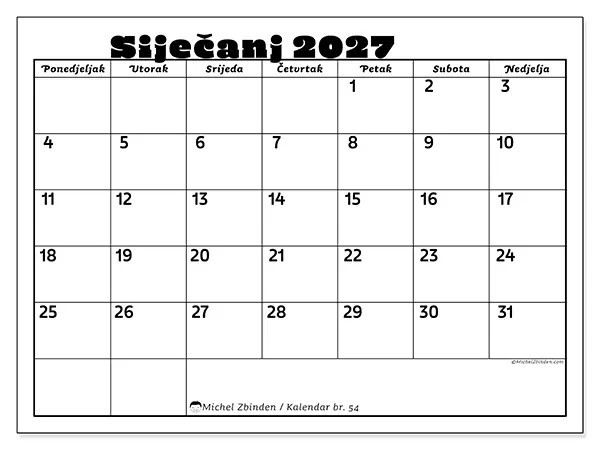 Kalendar siječanj 2027 za ispis - Obiteljske aktivnosti