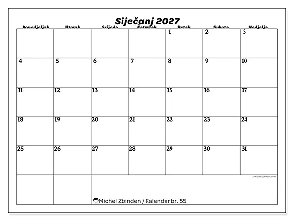 Kalendar siječanj 2027 za ispis - Slobodno vrijeme