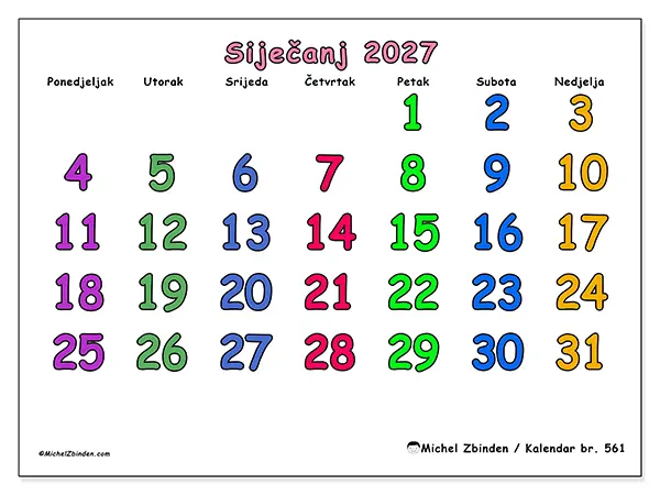Kalendar siječanj 2027 za ispis - Kreativni trenuci