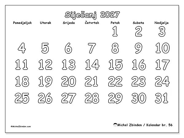 Kalendar siječanj 2027 za ispis - Korisno bojanje