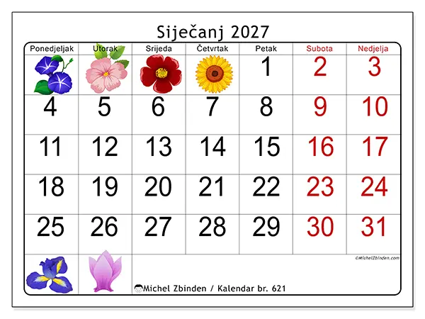 Kalendar siječanj 2027 za ispis - Veliko cvijeće