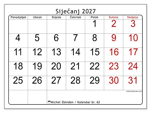 Kalendar siječanj 2027 za ispis - Brzi pregled