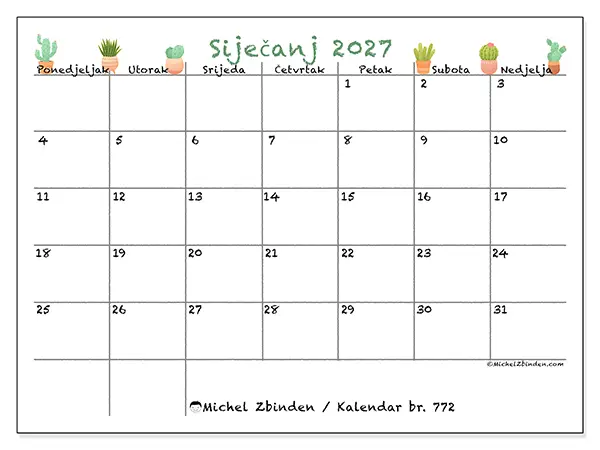 Kalendar siječanj 2027 za ispis - Dekorativni kaktusi