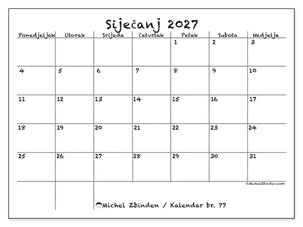 Kalendar siječanj 2027 za ispis - Škola i obitelj