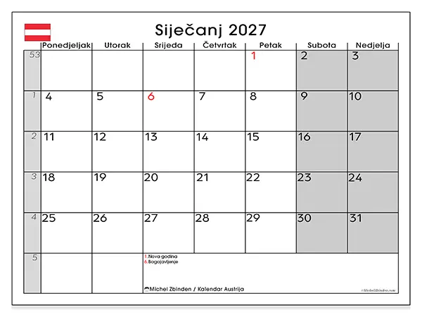 Kalendar siječanj 2027 za ispis - Austrija