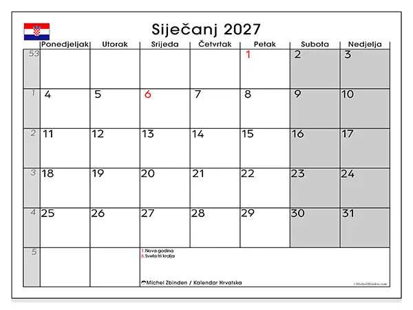 Kalendar siječanj 2027 za ispis - Hrvatska
