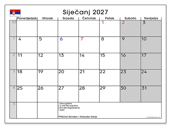 Kalendar siječanj 2027 za ispis - Srbija