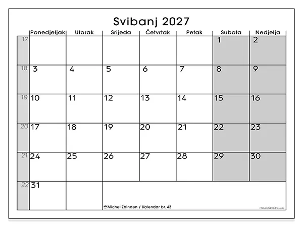 Kalendar svibanj 2027 za ispis - Jasan pregled
