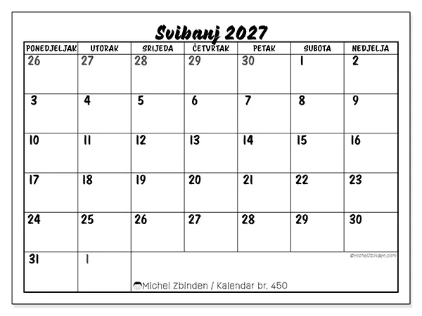Kalendar svibanj 2027 za ispis - Detaljan model