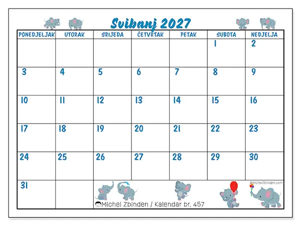 Kalendar svibanj 2027 za ispis - Mali slonovi