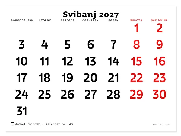 Kalendar svibanj 2027 za ispis - Jasna vizija
