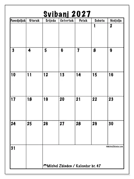 Kalendar svibanj 2027 za ispis - Jasno planiranje