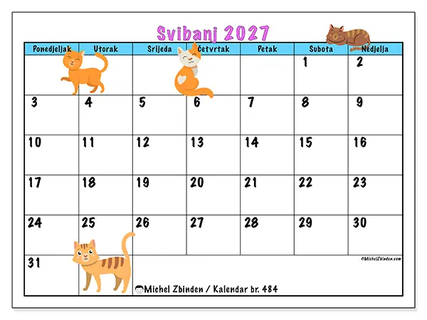 Kalendar svibanj 2027 za ispis - Ljubav prema mačkama