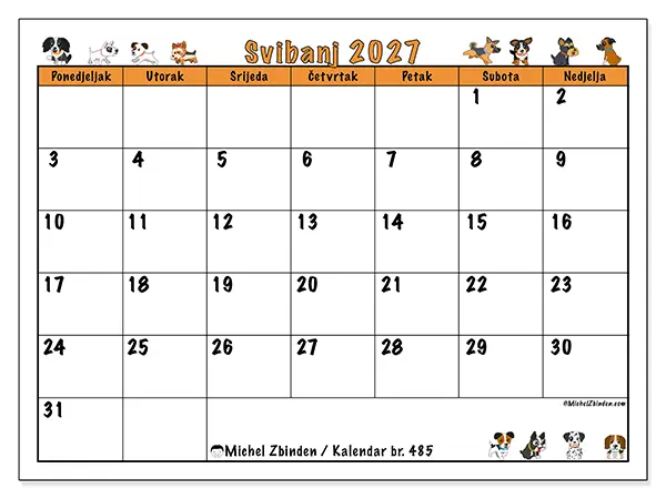 Kalendar svibanj 2027 za ispis - Entuzijastični psi