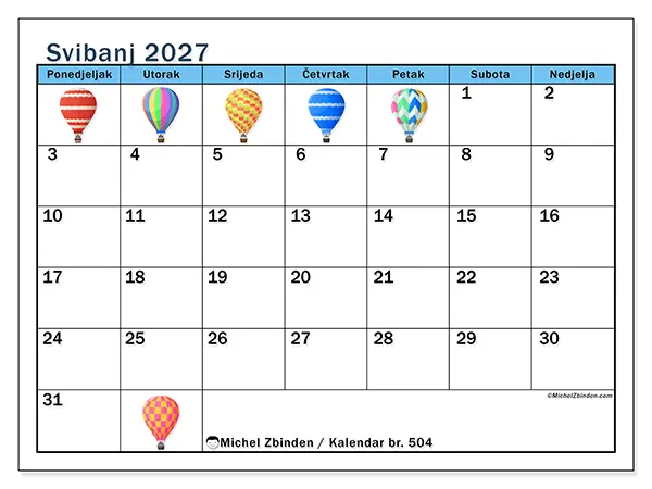 Kalendar svibanj 2027 za ispis - Baloni na vrući zrak