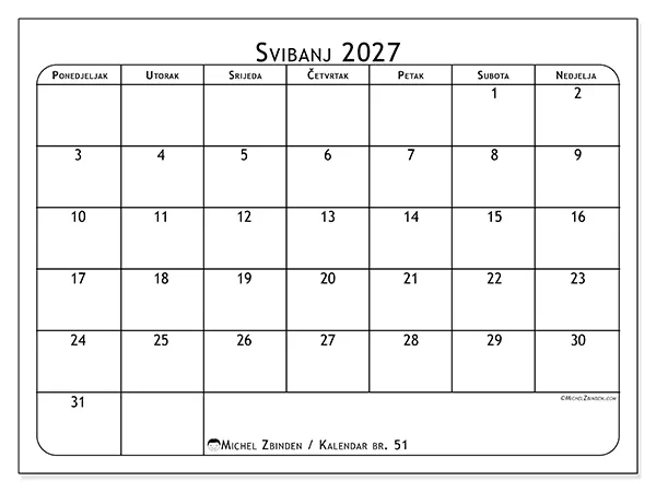 Kalendar svibanj 2027 za ispis - Planer obroka