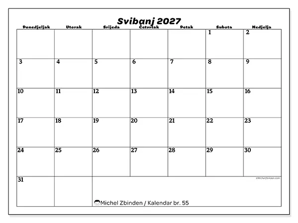 Kalendar svibanj 2027 za ispis - Slobodno vrijeme