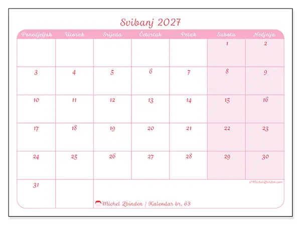 Kalendar svibanj 2027 za ispis - Smiren izgled