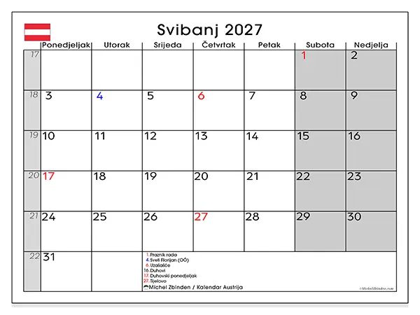 Kalendar svibanj 2027 za ispis - Austrija