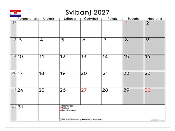 Kalendar svibanj 2027 za ispis - Hrvatska