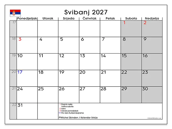 Kalendar svibanj 2027 za ispis - Srbija