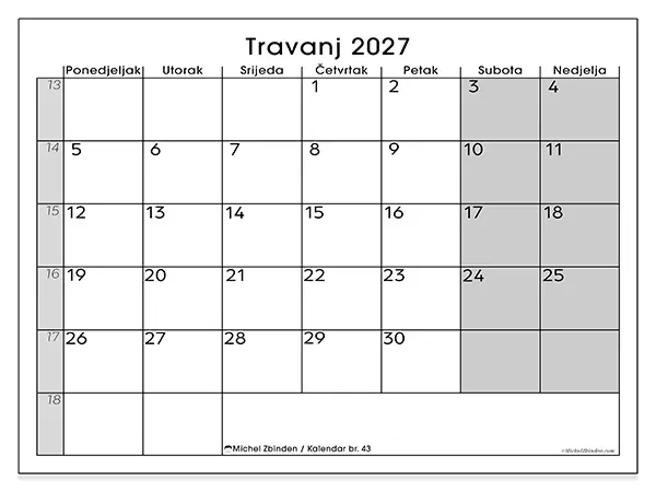 Kalendar travanj 2027 za ispis - Jasan pregled