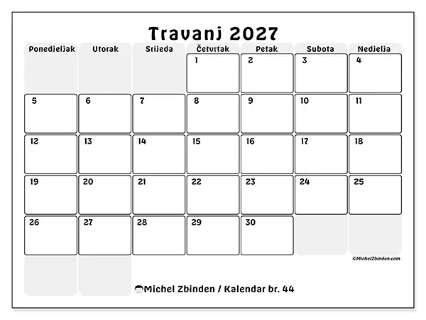 Kalendar travanj 2027 za ispis - Strukturirano planiranje