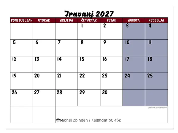 Kalendar travanj 2027 za ispis - Zadaci u boji