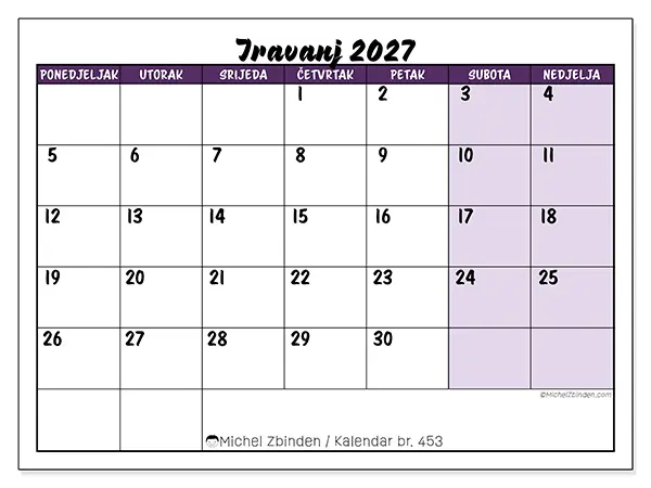 Kalendar travanj 2027 za ispis - Šareni zadaci